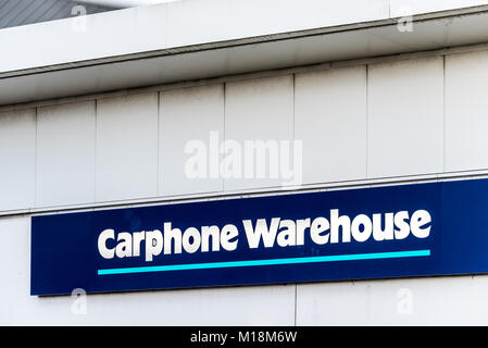 Northampton Großbritannien 06 Januar 2018: Carphone Warehouse logo Schild. Stockfoto