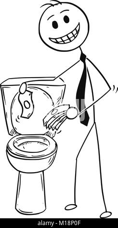 Cartoon von lächelnden Geschäftsmann Trowing Geld in der Toilette, schlechte Anlage Konzept Stock Vektor