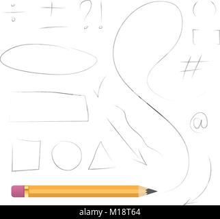 Realistische bleistift Vektor hand gezeichnete geometrische Formen, mathematische Symbole, Linien, Satzzeichen und Pfeile Stock Vektor