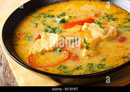 Brasilianische fisch Eintopf (Moqueca Baiana) mit Gemüse und Kokosmilch close-up auf einem Teller auf dem Tisch. Horizontale Stockfoto