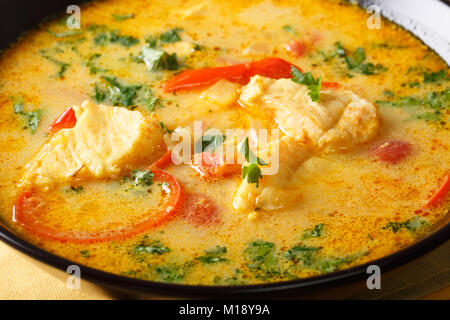 Brasilianischen Eintopf (Moqueca Baiana) von Fischen und Paprika (Capsicum) in einem zart aromatisiert Coconut base Brühe close-up auf einem Teller auf dem Tisch. Horiz. Stockfoto