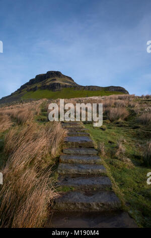 Eisige Schritte auf dem Weg bis auf den Gipfel des Pen-y-Gent in den Yorkshire Dales. Stockfoto