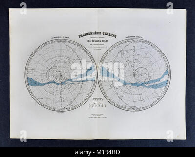 1877 Migeon Karte Celestial Star Karte in Hemisphären - Nord und Süd Himmel Milchstraße Stockfoto