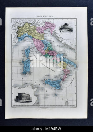 1877 Migeon Karte - Antike Italien während der römischen Zeit mit Vignetten, die das Kolosseum und Tempel der Vesta im Tivoli Stockfoto