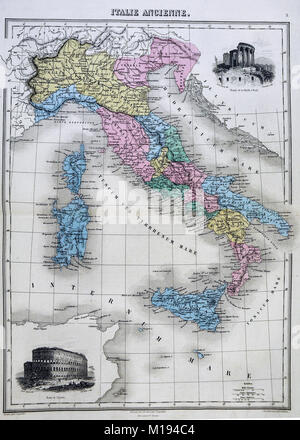 1877 Migeon Karte - Antike Italien während der römischen Zeit mit Vignetten, die das Kolosseum und Tempel der Vesta im Tivoli Stockfoto