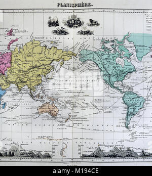 1877 Migeon Karte - Welt Erdkarte - Eastern Western - Nordamerika Südamerika Europa Asien Afrika Australien Stockfoto