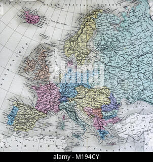 1877 Migeon Karte - Europa - Frankreich Deutschland Italien Spanien Russland Österreich Portugal Großbritannien Holland Belgien Schweiz Stockfoto