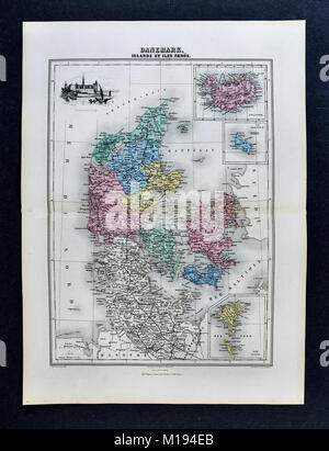 1877 Migeon Karte - Dänemark - Island Kopenhagen Nordjütland Europa Stockfoto