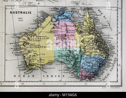 1877 Migeon Karte - Australien - Sydney Melbourne Brisbane Perth Adelaide Stockfoto