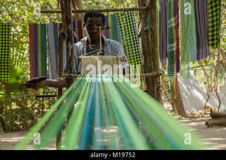 Ein afrikanischer Mann zeigt traditionelles Weben in Makasutu Wald, Gambia, Südafrika Stockfoto