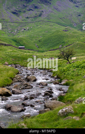 Eine malerische Bergbach und typischen alten Hütte und Trockenmauern in der Nähe der Leiter der Haweswater Reservoir in Mardale Tal, Cumbria, Großbritannien Stockfoto