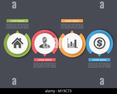 Prozessablauf Vorlage mit Kreisen, Flussdiagramm oder Workflow mit vier Elementen, Schritte und Optionen, business Infografiken, Vector EPS 10 Abbildung Stockfoto