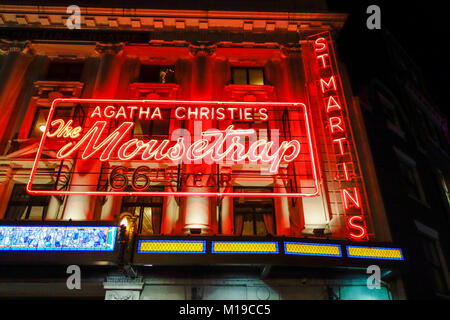 Agatha Christie's Mousetrap Neon-Beschilderung im St Martins Theatre im Londoner West End, London, England, Großbritannien Stockfoto