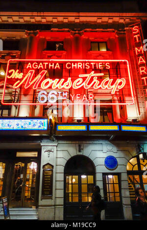 Agatha Christie's Mousetrap Neon-Beschilderung im St Martins Theatre im Londoner West End, London, England, Großbritannien Stockfoto