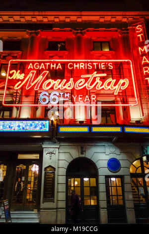 Agatha Christie's Mousetrap Neon-Beschilderung im St Martins Theatre im Londoner West End, London, England, Großbritannien Stockfoto