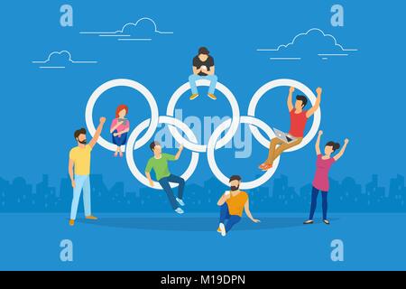 Vector Abbildung der Olympischen Ringe und glückliche Fans live stream Stock Vektor