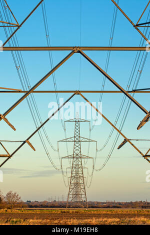 Blick entlang der Strommasten, Cambridgeshire Stockfoto
