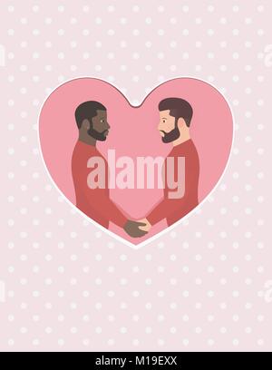 Afro-amerikanischer Mann und weißer Mann, Multirassischen homosexuelles Paar in Liebe, halten sich an den Händen und schaut in die Augen. Grußkarte für Happy Valentinstag, Verlobung oder Hochzeit oder Jubiläum. Stock Vektor