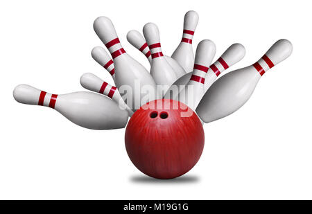 Red Bowling Ball gegen Stiften in einem 10-pin Bowling Spiel. Auf weissem Hintergrund. Stockfoto