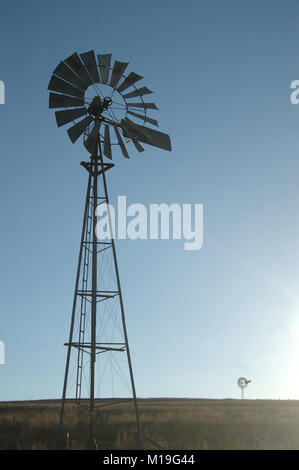 Mit Windmühlen gegen den blauen Himmel in kargen Paddock silhouetted, Queensland, Australien. Windmühlen sind allgemein für das Pumpen von Wasser aus den Bohrungen oder Dämme zu t Stockfoto