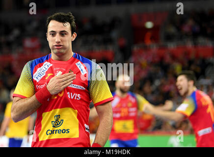 Zagreb, Kroatien. 28 Jan, 2018. Spanien Aitor Arino reagiert während der Europameisterschaft handball Finale zwischen Schweden und Spanien in Zagreb, Kroatien, 28. Januar 2018. Credit: Monika Skolimowska/dpa-Zentralbild/dpa/Alamy leben Nachrichten Stockfoto