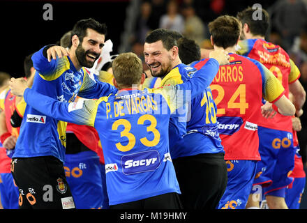 Zagreb, Kroatien. 28 Jan, 2018. Die spanischen Spieler Feiern nach Europameisterschaft handball Finale zwischen Schweden und Spanien in Zagreb, Kroatien, 28. Januar 2018. Credit: Monika Skolimowska/dpa-Zentralbild/dpa/Alamy leben Nachrichten Stockfoto