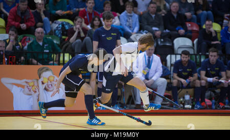 London, Großbritannien. 28 Jan, 2018. Männer Jaffa Super 6s Finale der Kupfer, Arena. Herren Finale: bowdon 2 Leicester 1 Credit: Peter Smith/Alamy leben Nachrichten Stockfoto