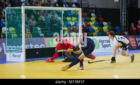 London, Großbritannien. 28 Jan, 2018. Männer Jaffa Super 6s Finale der Kupfer, Arena. Herren Finale: bowdon 2 Leicester 1 Credit: Peter Smith/Alamy leben Nachrichten Stockfoto