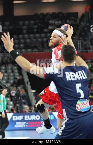 (C) LAURENT LAIRYS/LEMOUSTICPRODUCTION/MAXPPP-à ZAGREB LE 28-01-2018 - CHAMPIONNAT D'EUROPE (MATCH POUR LA 3IEME) EQUIPE DE FRANCE VS EQUIPE DU DANEMARK - Stockfoto