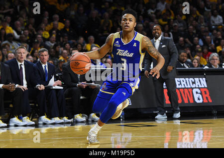 Wichita, Kansas, USA. 28 Jan, 2018. Tulsa goldenen Hurrikan guard Elia Joiner (3) Laufwerke an den Korb während der NCAA Basketball Spiel zwischen den Tulsa goldenen Hurrikan und die Wichita State Shockers an Charles Koch Arena in Wichita, Kansas. Kendall Shaw/CSM/Alamy leben Nachrichten Stockfoto