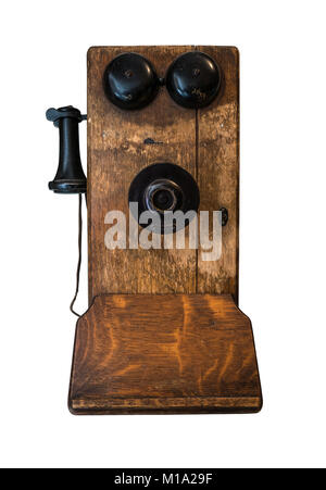 Isolierte antiken Holzmöbeln Kurbel Telefon auf weißem Hintergrund Stockfoto