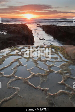 Sonnenuntergang und erodierten Felsen, La Jolla, Kalifornien Stockfoto
