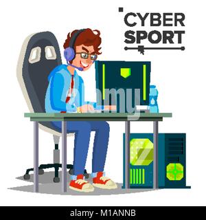 Cyber Sport Player Vektor. Teilnehmer von Cyber Sport Turnier. Veranstaltung. Esport Event Plakat Konzept. Isolierte flache Zeichentrickfigur Abbildung Stock Vektor