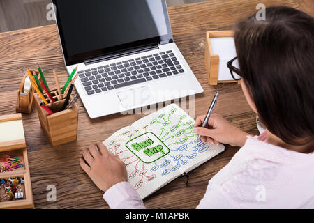 Nahaufnahme einer Geschäftsfrau Zeichnung Verstand Plan auf Notebook am Arbeitsplatz Stockfoto