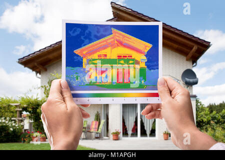 Woman's Hand erkennt Wärmeverluste vor dem Haus Stockfoto