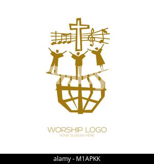 Musik Logo. Christliche Symbole. Menschen aller Nationen und Nationalitäten singen ein Lied der Anbetung Gottes. Stock Vektor