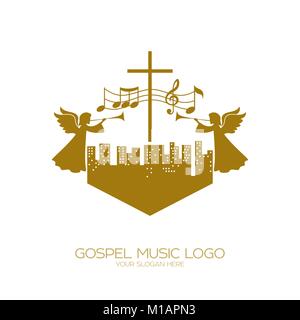 Musik Logo. Christliche Symbole. Menschen aller Nationen und Nationalitäten singen ein Lied der Anbetung Gottes. Stock Vektor