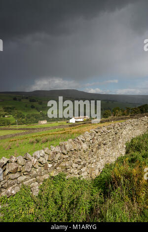 Bauernhaus auf einem Hügel in Swaledale, Yorkshire Dales, England. Eine September Tag des Sonnenscheins und Duschen. Stockfoto