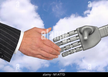 Handshake zwischen einem Unternehmer und Roboterhand, ein Treffen mit Technologie Konzept. Stockfoto