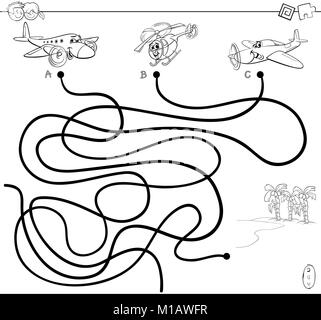 Schwarze und Weiße Cartoon Illustration der Bahnen oder Labyrinth Puzzle Aktivität Spiel mit Flugzeugen Zeichen und tropischen Insel Malbuch Stock Vektor