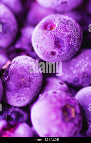 Lebendige gefrorene Heidelbeeren im trendigen Ultra Violett mit schönen Frost Pattern und Textur. Sommer essen Hintergrund für Blogs Poster Social Medi Stockfoto