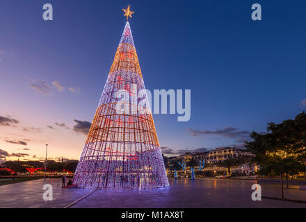 madeira funchal madeira weihnachtsbaum bestehend aus modernen LED-Leuchten an einem weihnachtsbaum an der Strandpromenade Funchal Madeira Portugal eu europa Stockfoto