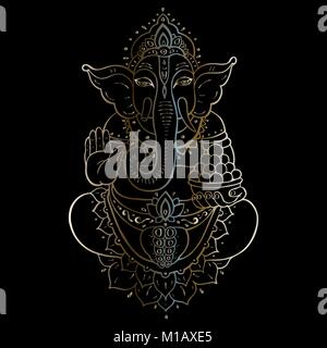 Hindu Gott Ganesha. Golden Ganapati. Vektor handgezeichnete Illustrationen. Meditation im Lotussitz Stock Vektor