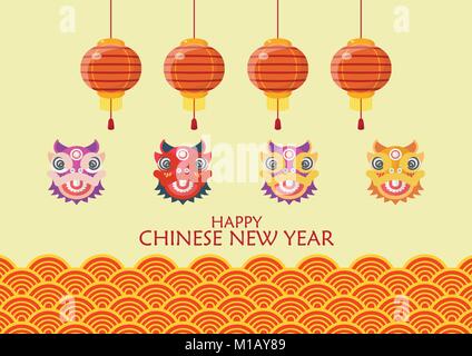 Happy Chinese New Year mit tanzenden Löwen und Laternen. Traditionelle wave Hintergrund. Vector Illustration Stock Vektor