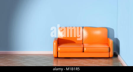 3D-Rendering für eine moderne Einrichtung mit einem orangefarbenen Couch und blaue Wände Stockfoto
