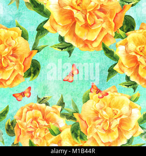 Nahtlose Aquarell gelbe rose Muster auf Teal mit Schmetterling Stockfoto
