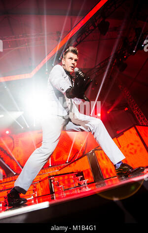 Die amerikanische junge Band und Vocal group Backstreet Boys durchführen, ein Live Konzert in der norwegischen Musik Festival UKEN 2014 in Bergen. Hier Nick Carter wird gesehen, live auf der Bühne. Norwegen, 11.03.2014. Stockfoto