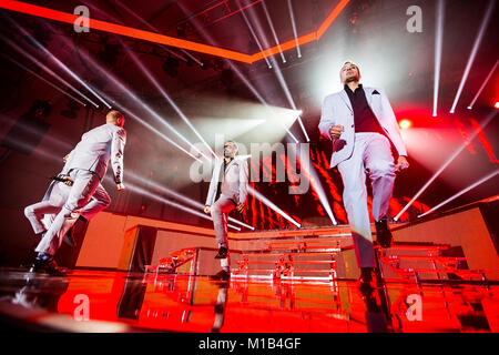 Die amerikanische junge Band und Vocal group Backstreet Boys durchführen, ein Live Konzert in der norwegischen Musik Festival UKEN 2014 in Bergen. Norwegen, 11.03.2014. Stockfoto