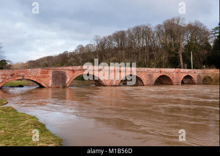 Herefordshire, UK. Bredwardine Brücke (ca. 1760), die über die überfluteten Fluss Wye, während des Winters von 2018 gesehen Stockfoto