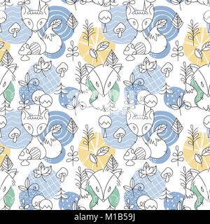 Nahtlose Muster mit Doodle Füchse und Wälder. Wild Hintergrund mit niedlichen skandinavische Tiere. Vector Illustration. Stock Vektor